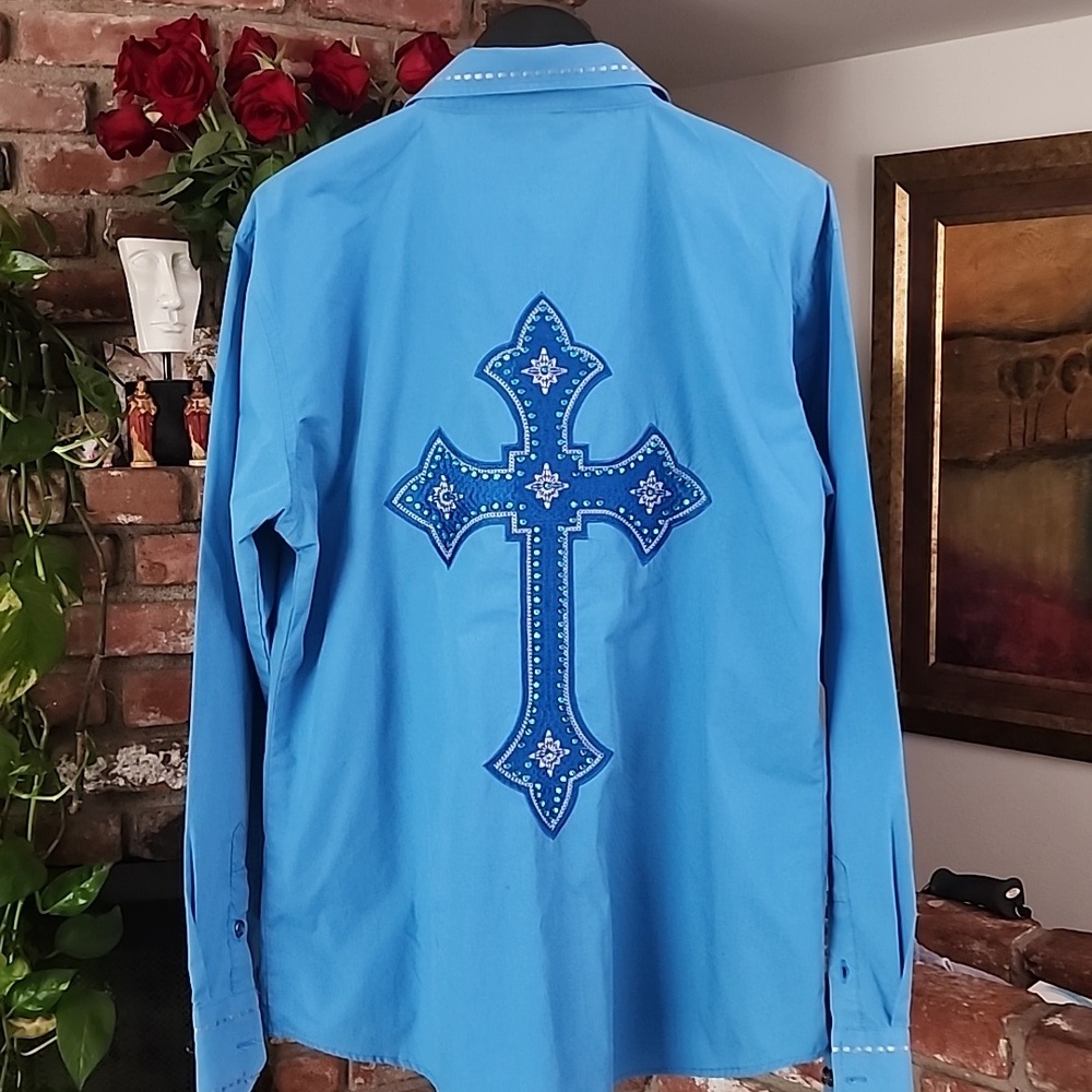 Ace of Diamond Blue Embroidered Cross Western Shirt Men’s Long Sleeve - Picture 3 of 13